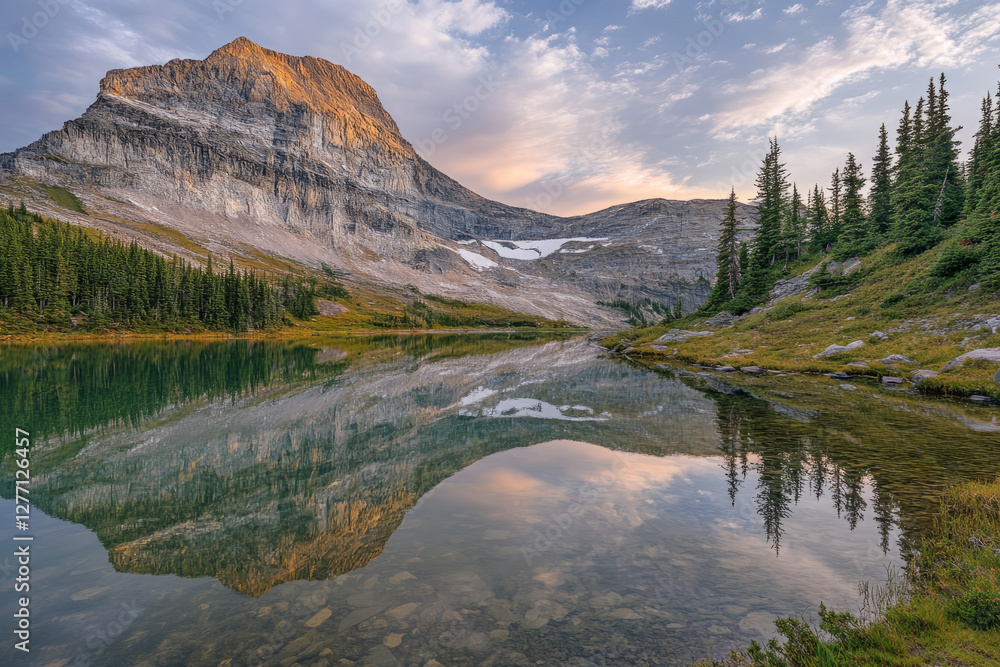 Fototapeta premium A tranquil mountain lake at sunrise with calm, glass-like reflections and soft pastel sky hues.