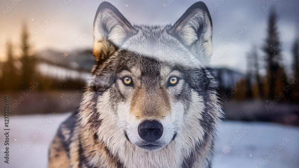 Obraz premium A double exposure image blending a majestic wolf with a dense forest background, creating a surreal and artistic composition that symbolizes nature, wilderness, and the spirit of the wild.