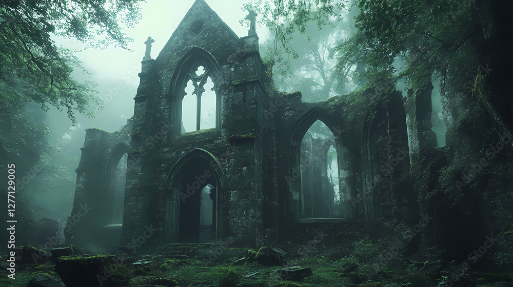 Mossy stone ruins of gothic chapel in misty forest. Gothic Misty Ruins. Illustration Mossy stone ruins of gothic chapel in misty forest. Gothic Misty Ruins. Illustration