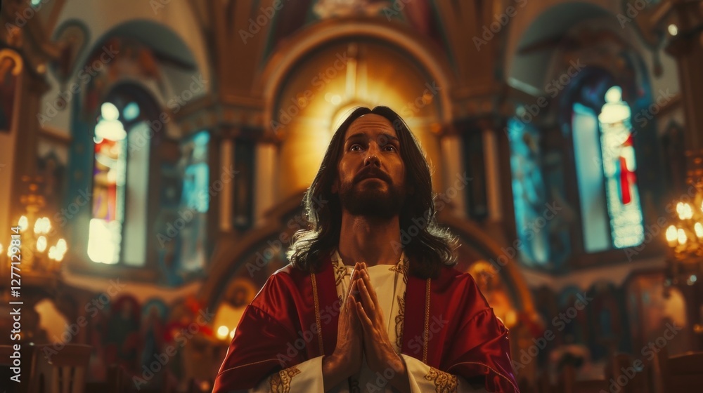 Naklejka premium Jesus in crown of thorns with red drops on his face.