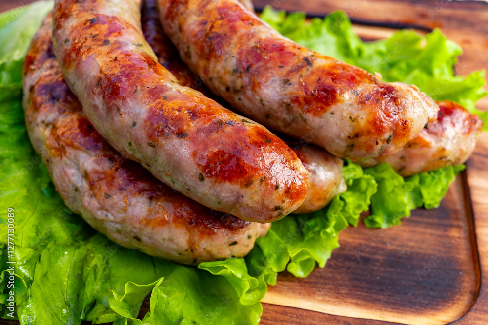 Grilled sausages served on fresh green lettuce Grilled sausages served on fresh green lettuce