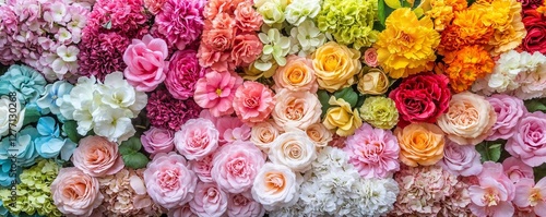 Beautiful floral wall arrangement with multicolored roses, great for backgrounds, wedding decor, and greeting cards.
