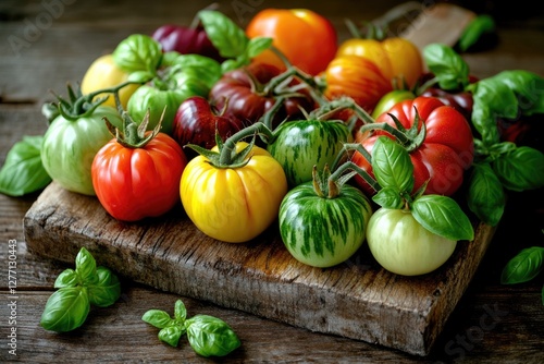 Colorful array of heirloom tomatoes displayed on rustic wooden s photo