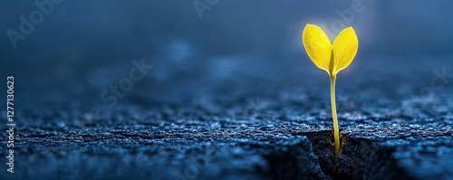 Small glowing plant emerging from cracked soil with copy space, symbolizing resilience and new beginnings, great for motivational and environmental campaigns.