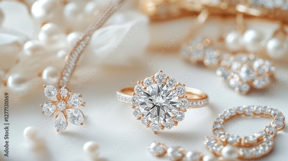 Elegant jewelry set. Jewellery set with diamond. Jewelry accessories collage. Product still life concept. Ring, necklace and earrings. Elegant jewelry set. Jewellery set with diamond. Jewelry accessories collage. Product still life concept. Ring, necklace and earrings.
