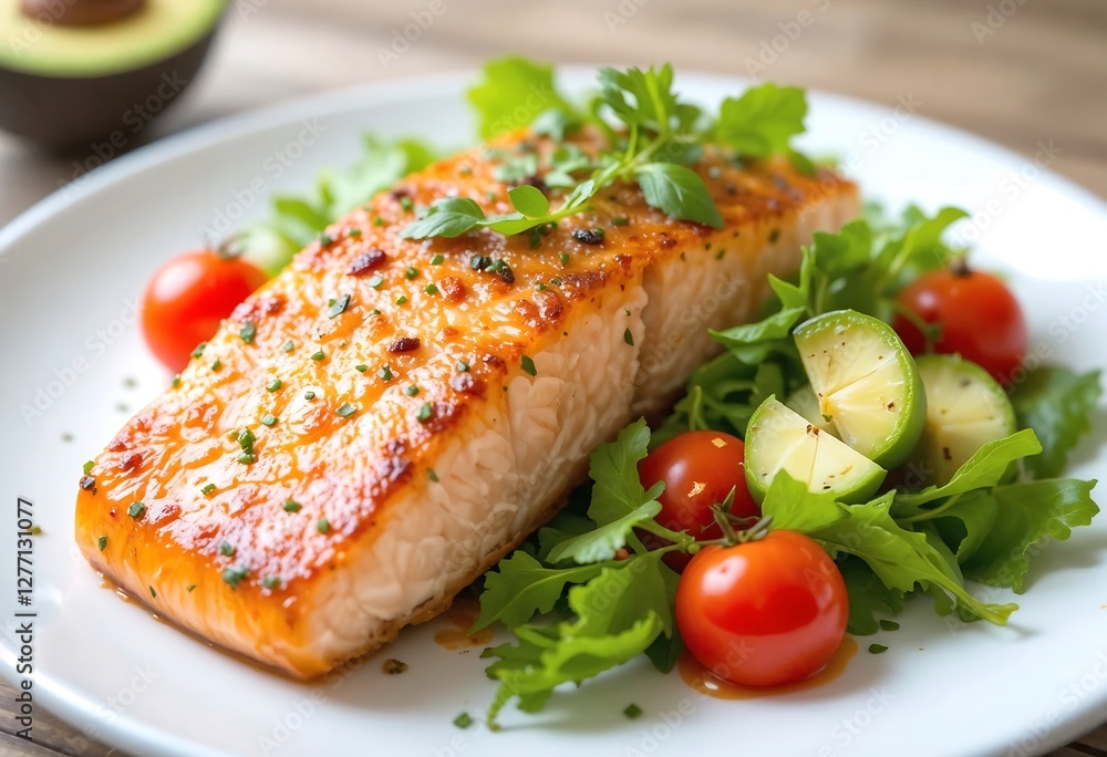 A vibrant plate of grilled salmon with fresh cherry tomatoes and lime, garnished with herbs, creating a healthy and appetizing meal setting. A vibrant plate of grilled salmon with fresh cherry tomatoes and lime, garnished with herbs, creating a healthy and appetizing meal setting.