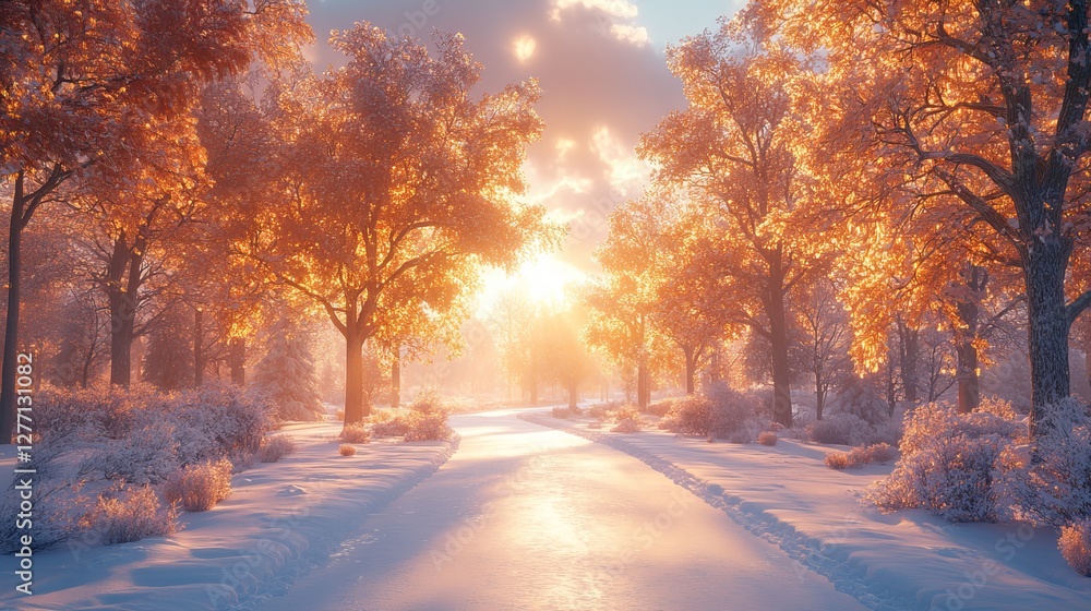 A charming winter road meanders through a park that is illuminated by the sun and covered in snow. A charming winter road meanders through a park that is illuminated by the sun and covered in snow.