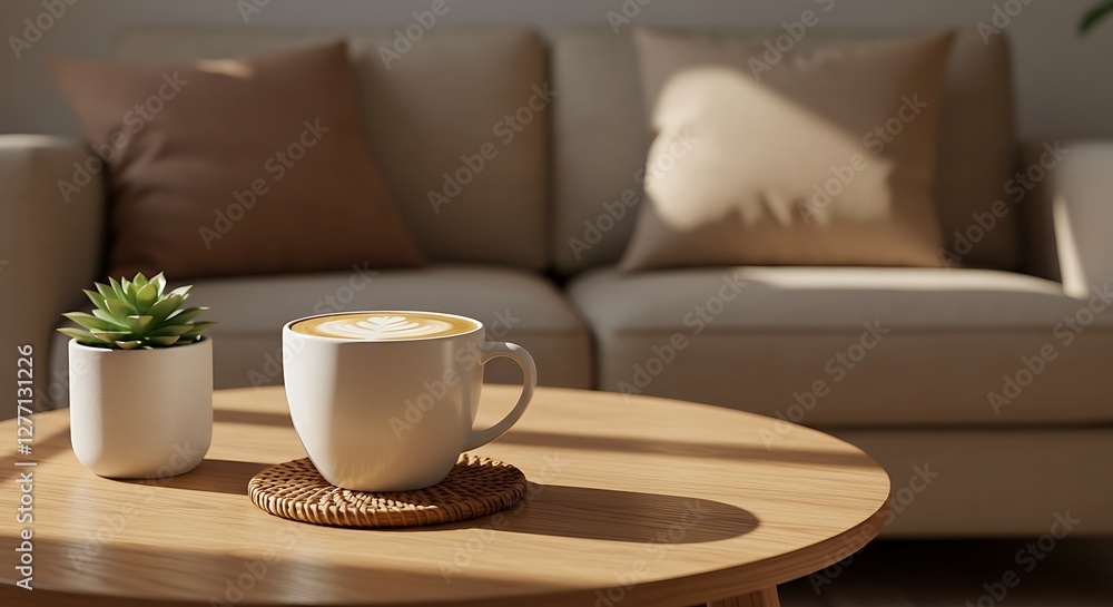 a cup of coffee sitting on top of a wooden table next to a couch and a potted plant on top of a wooden table. generative ai a cup of coffee sitting on top of a wooden table next to a couch and a potted plant on top of a wooden table. generative ai