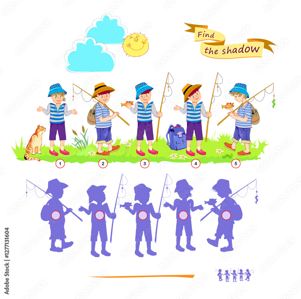 Fototapeta premium Best puzzles for kids. Can you find the shadow of each boy? Write the numbers in circles. Educational game for children. Play online. Task for attentiveness. IQ test. Vector illustration.