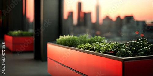Urban Rooftop Garden with Red Planters and Greenery Overlooking the City Skyline at Sunset, Modern Sustainable Living Concept

