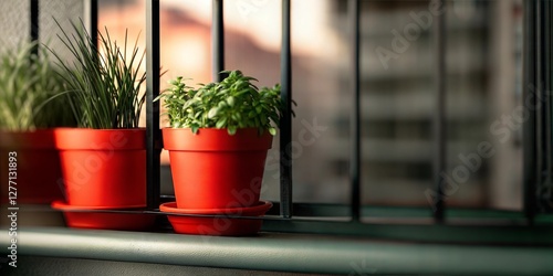 Urban Balcony with Red Potted Plants and Greenery, Cozy Small Space Gardening with a City View

