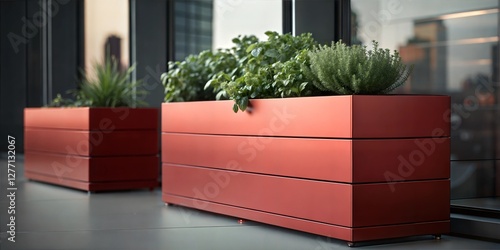 Modern Urban Balcony with Stylish Red Planters and Greenery, Contemporary Outdoor Space with City View

