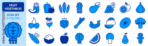 Icons in two colors about  fruit and vegetables. Healthy food