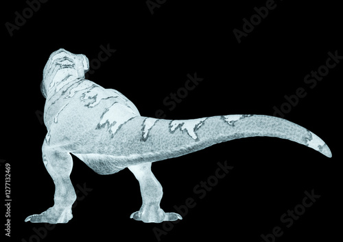 tyrannosaurus mcraeensis is going away in white background in rear view photo