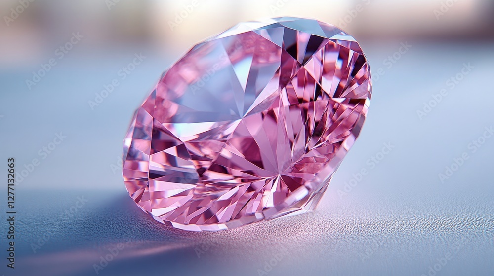 Close-up photo of a Cubic Zirconia gemstone. It is spherical in shape, has numerous facets, and is pink in color. It sits on a white surface and is viewed directly from the top Close-up photo of a Cubic Zirconia gemstone. It is spherical in shape, has numerous facets, and is pink in color. It sits on a white surface and is viewed directly from the top