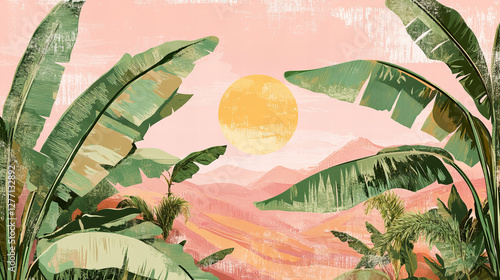 Mid-century modern tropical wall art with banana leaves and sun, vintage botanical illustration in earthy tones, abstract nature landscape with textured background

