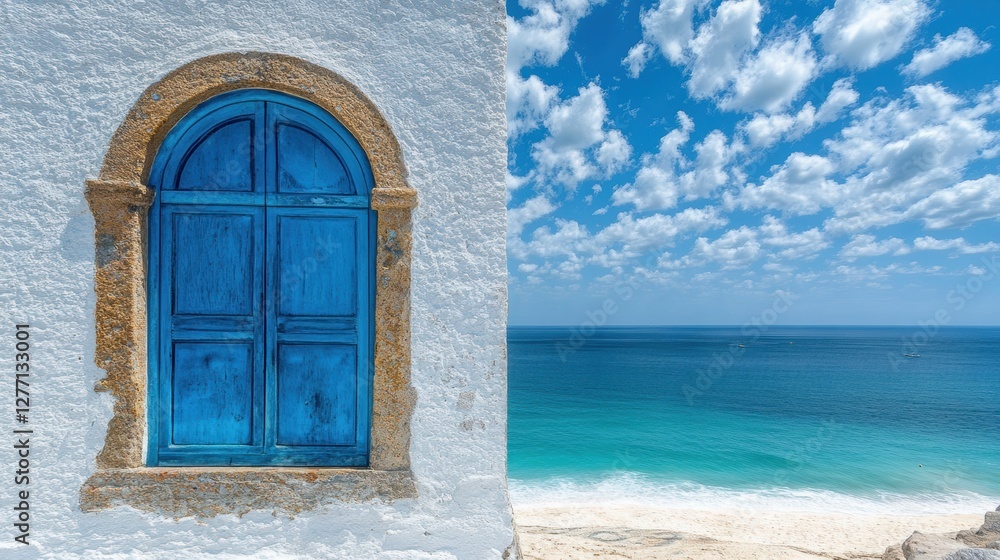 Fototapeta premium Arched blue window on the beach framing a stunning ocean view under a clear sky with clouds