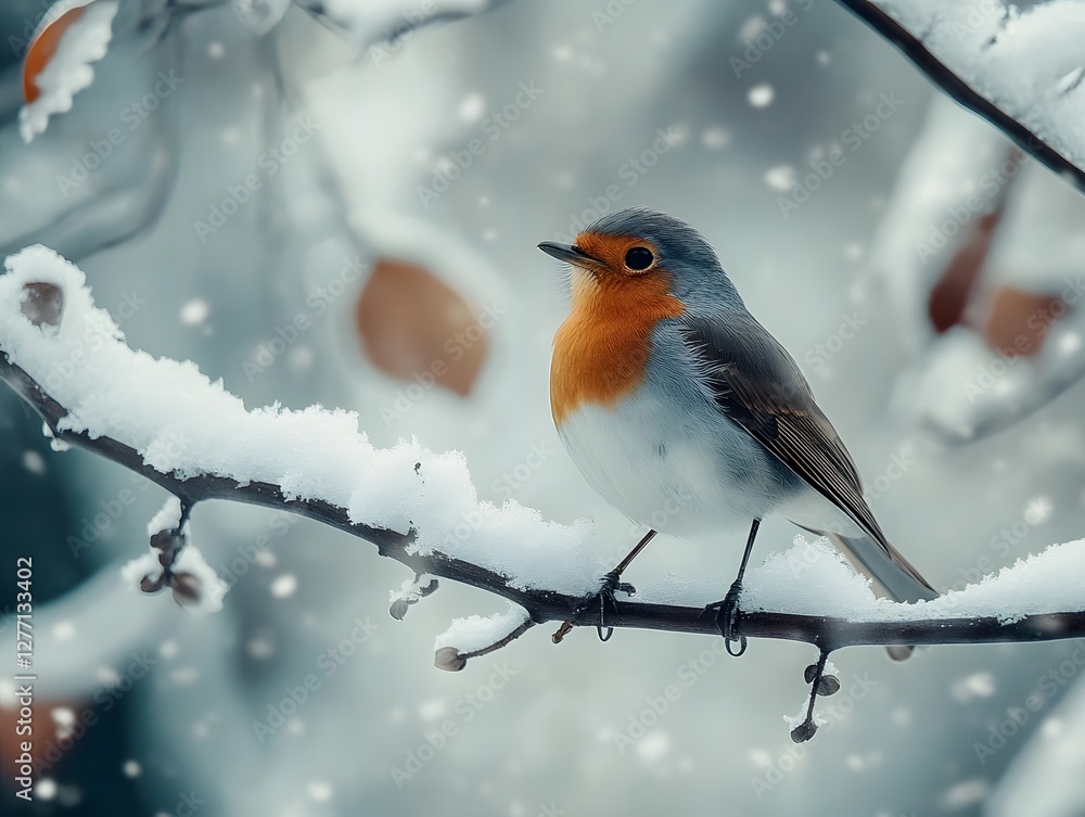 A robin sitting on a snow-covered branch A robin sitting on a snow-covered branch