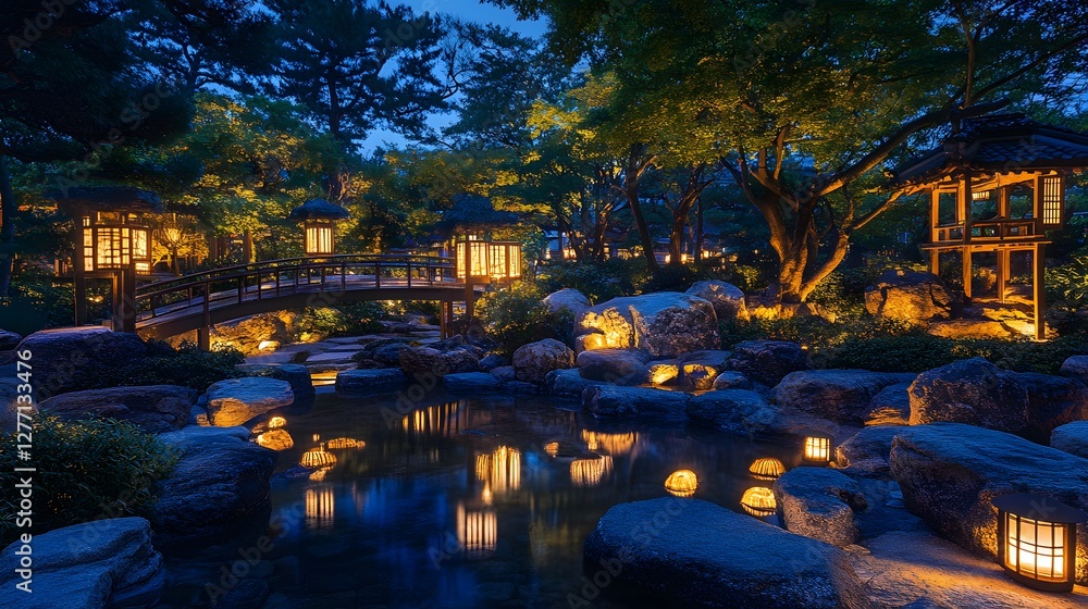 Obraz premium A rock garden at night with illuminated lanterns