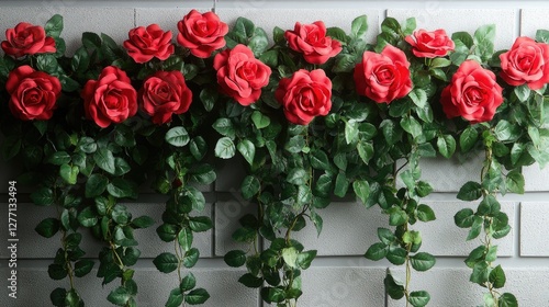 Red roses and ivy vine on a gray brick wall photo