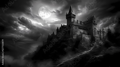 Moonlit dracula castle on a hill, high contrast, dynamic lighting, black and white. Dark Fantasy Moonlit Castle. Illustration