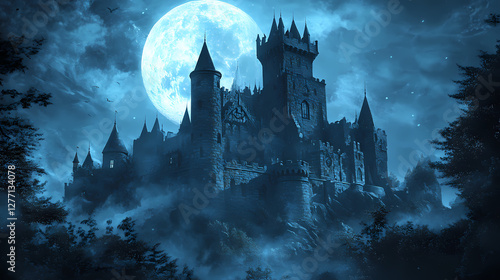 Moonlit medieval castle with lingering shadows in towers. Dark Fantasy Moonlit Castle. Illustration