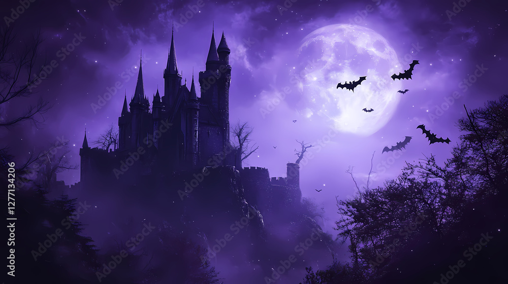 Mysterious castle silhouette against purple moonlit sky, surrounded by dark forest and bats, creating an eerie atmosphere. Dark Fantasy Moonlit Castle. Illustration Mysterious castle silhouette against purple moonlit sky, surrounded by dark forest and bats, creating an eerie atmosphere. Dark Fantasy Moonlit Castle. Illustration