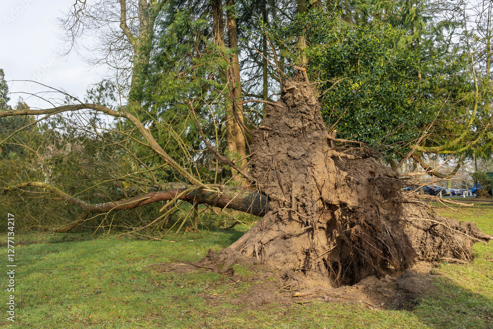 Fallen Uprooted Tree in Public Park Blown Down Storm Eowyn Winds in Scotland, January 2025 Fallen Uprooted Tree in Public Park Blown Down Storm Eowyn Winds in Scotland, January 2025