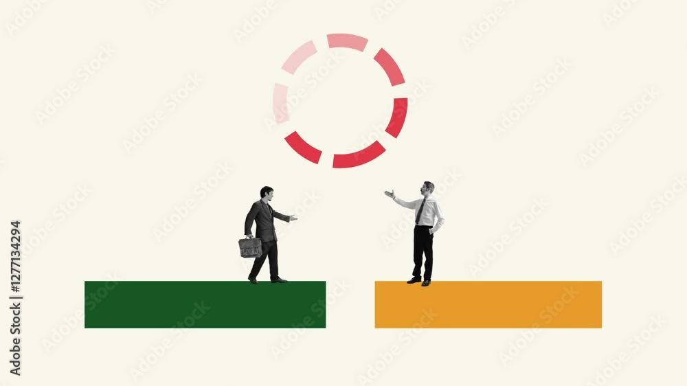 Stop motion. Animation. Two young business man stands on colorful platform and reaching to each other to make deal. Concept of partnership, business acquisition, cooperation, teamwork, contract. Stop motion. Animation. Two young business man stands on colorful platform and reaching to each other to make deal. Concept of partnership, business acquisition, cooperation, teamwork, contract.