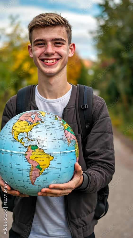 Young traveler holds a globe while smiling on a scenic path surrounded by greenery and autumn colors Young traveler holds a globe while smiling on a scenic path surrounded by greenery and autumn colors