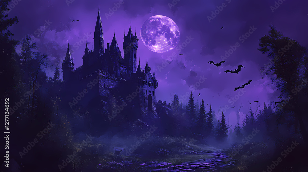 Purple moonlit castle, bats flying, fantasy forest, mystical art. Dark Fantasy Moonlit Castle. Illustration Purple moonlit castle, bats flying, fantasy forest, mystical art. Dark Fantasy Moonlit Castle. Illustration