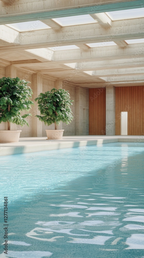 Fototapeta premium Indoor pool, sunlight, plants, calm water, spa relaxation