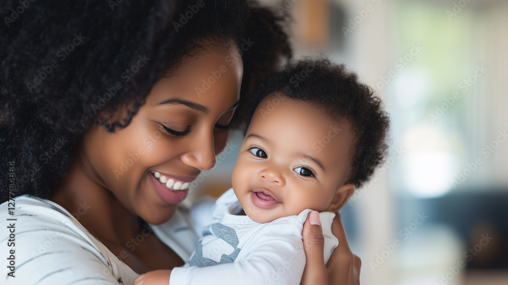 happy African American mother holding her infant son while cuddling him and sharing a playful moment at home. The laughter and joy between them are evident, and the tender embrace happy African American mother holding her infant son while cuddling him and sharing a playful moment at home. The laughter and joy between them are evident, and the tender embrace