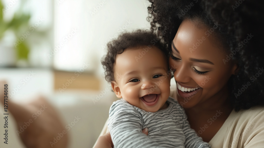 happy African American mother holding her infant son while cuddling him and sharing a playful moment at home. The laughter and joy between them are evident, and the tender embrace happy African American mother holding her infant son while cuddling him and sharing a playful moment at home. The laughter and joy between them are evident, and the tender embrace