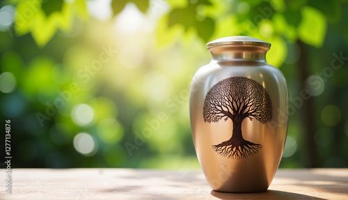 Urn with the image of a tree on a wooden table on a blurred background of a green park