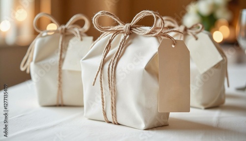 Wrapped gifts with tags on the table on a blurry festive background