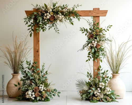 rustic wooden arch with lush greenery and dried flower arrangement photo