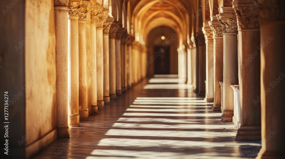 Serene Hallway with Elegant Columns and Soft Morning Light Serene Hallway with Elegant Columns and Soft Morning Light