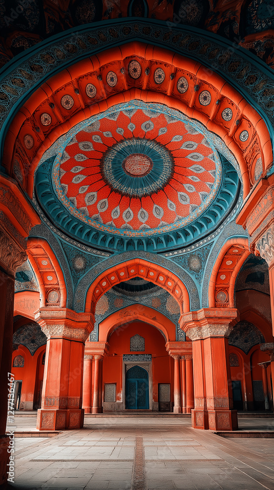 Obraz premium Ornate architectural interior with vibrant arches and an intricate ceiling design.