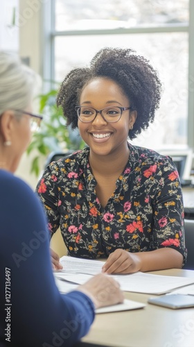 A social worker smiles warmly while discussing important matters with a client in a contemporary office. The atmosphere promotes trust and open communication