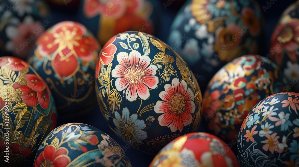 Close-up of Easter eggs with floral patterns Close-up of Easter eggs with floral patterns