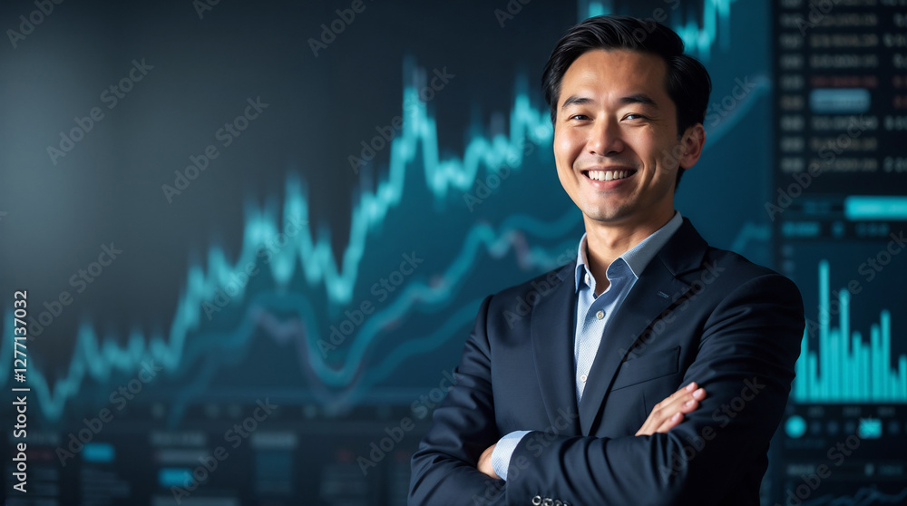 Fototapeta premium happy Asian businessman wearing a luxurious, well-tailored suit, standing confidently against a background of financial charts, data tables, and stock market graphs