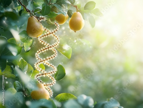 Green branch with pears, and next to it new DNA. Genetically modified products, concept.
