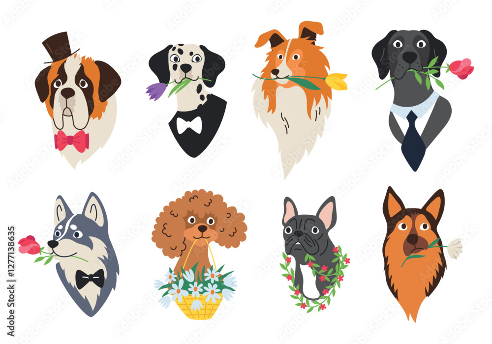 Obraz premium Set of dog heads with flowers in mouth. Domestic animal of different breeds with accessories bow tie, tie, hat. Vector isolated flat linear illustration