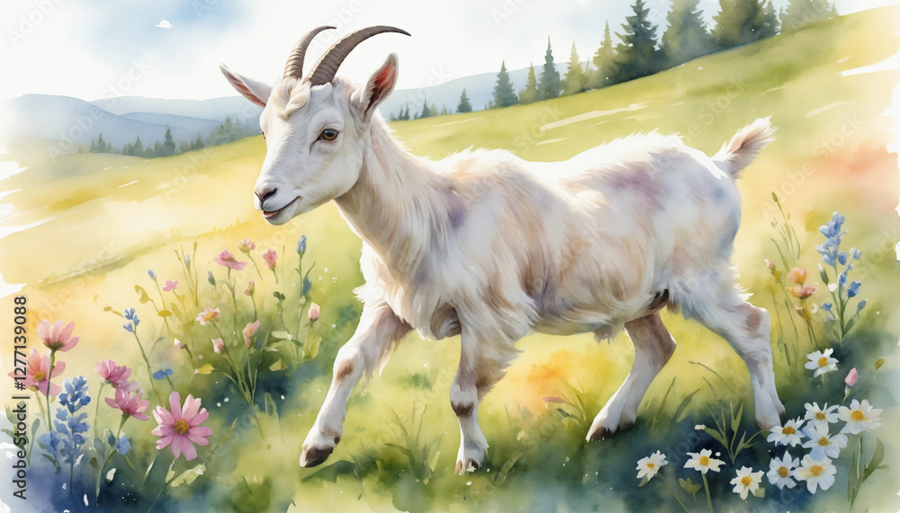 Obraz premium Watercolor illustration of a playful kid goat frolicking in a sunlit meadow, surrounded by blooming wildflowers in soft pastel shades, capturing the innocence and joy of farm life