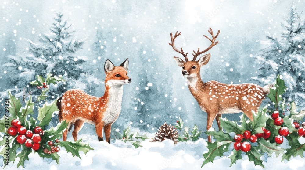 A winter scene featuring a fox and a deer amidst snow, pine trees, and holly. A winter scene featuring a fox and a deer amidst snow, pine trees, and holly.