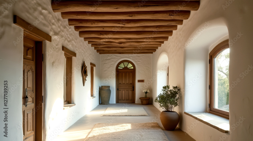 sunlit hallway with arched windows wooden beams and planter sunlit hallway with arched windows wooden beams and planter