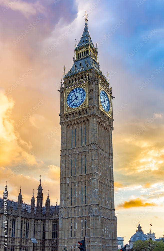 Big Ben (Elizabeth) tower at sunset, London, UK