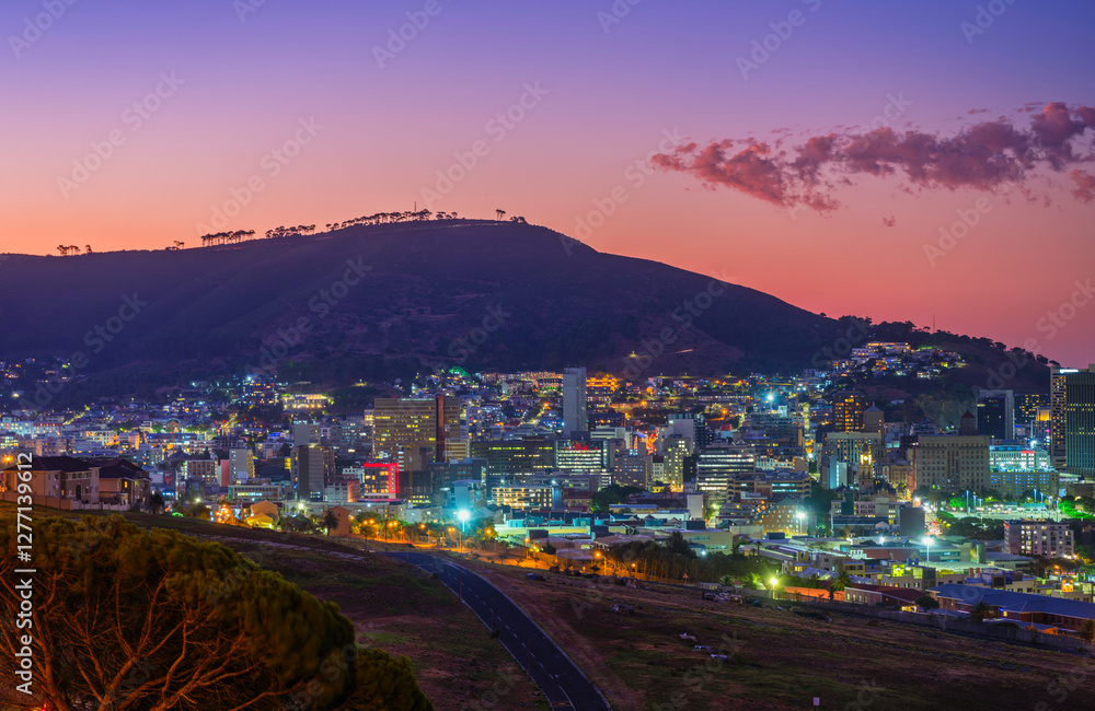 Cape Town City Streets and Buildings Illuminated After Sunset, South Africa