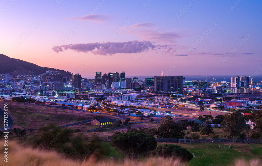City of Cape Town Lit Up After Sunset with Colorful Sky, South Africa